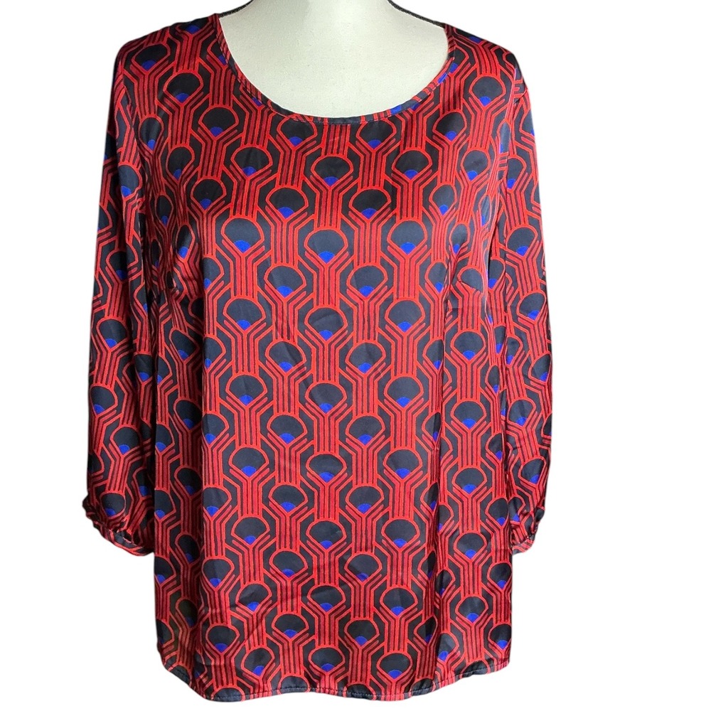 Merona Red Navy Geometric Print Blouse Women XL Long Sleeve Keyhole Back Top
